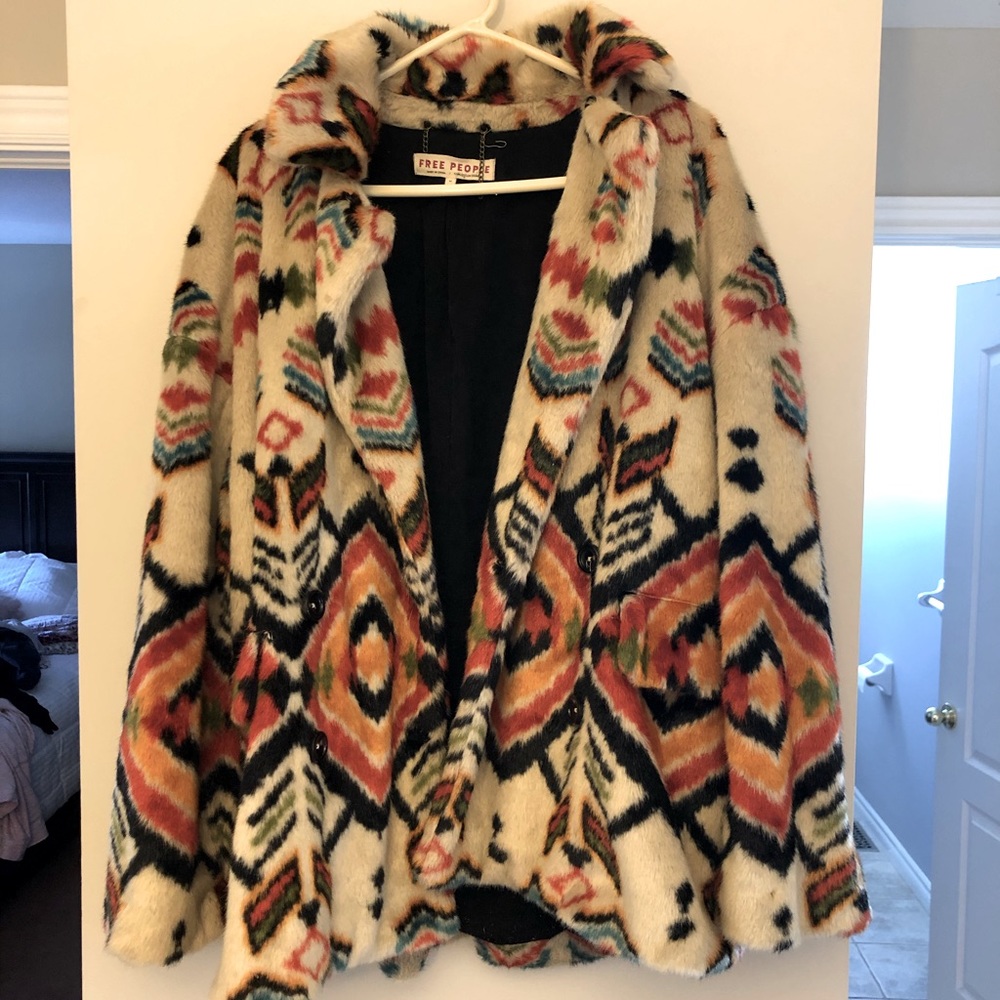 Free People Faux Fur Colorful Tribal Coat
